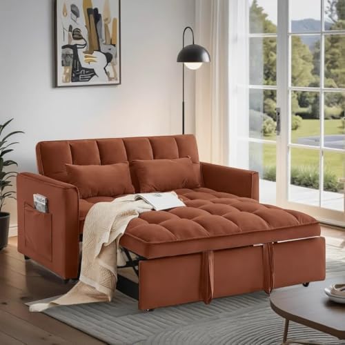Pull Out Couch, Loveseat Sleeper Sofa Bed with Side Pockets, 3 in 1 Velvet Fabric Convertible Sofa Bed with Adjustable Backrest for Living Room, Bedroom, Apartment, Black