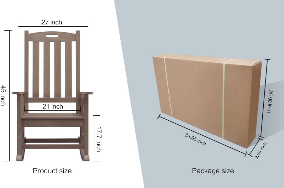 Psilvam Oversized Outdoor Rocking Chair, HDPE Porch Rocker Chairs for Adults, All Weather Resistant Rocking Chairs for Patio Lawn Garden, 350lbs Weight Capacity (Brown)