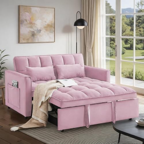 Pull Out Couch, Loveseat Sleeper Sofa Bed with Side Pockets, 3 in 1 Velvet Fabric Convertible Sofa Bed with Adjustable Backrest for Living Room, Bedroom, Apartment, Black