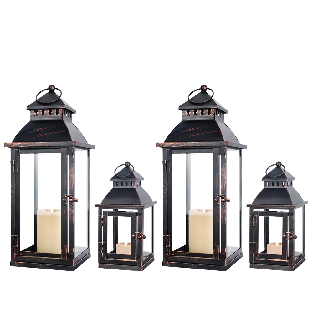 NEEDOMO Lanterns Decorative Outdoor&Indoor, Set of 2 Large Bronze Metal Lantern Decor with Glass, Candle Holder for Porch, Patio, Garden, Balcony, Wedding, Table Centerpiece Decorations