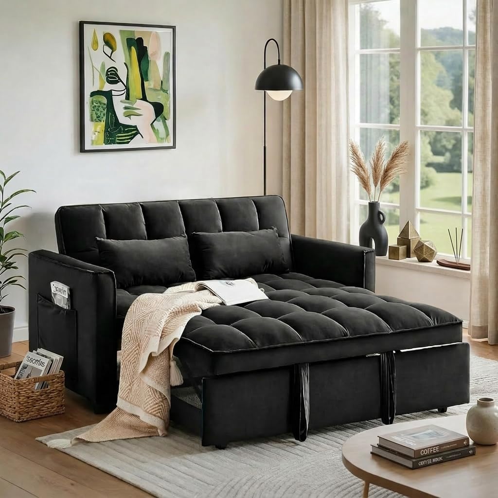 Pull Out Couch, Loveseat Sleeper Sofa Bed with Side Pockets, 3 in 1 Velvet Fabric Convertible Sofa Bed with Adjustable Backrest for Living Room, Bedroom, Apartment, Black