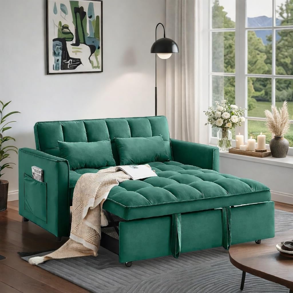Pull Out Couch, Loveseat Sleeper Sofa Bed with Side Pockets, 3 in 1 Velvet Fabric Convertible Sofa Bed with Adjustable Backrest for Living Room, Bedroom, Apartment, Black