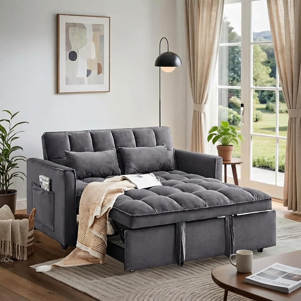 Pull Out Couch, Loveseat Sleeper Sofa Bed with Side Pockets, 3 in 1 Velvet Fabric Convertible Sofa Bed with Adjustable Backrest for Living Room, Bedroom, Apartment, Black