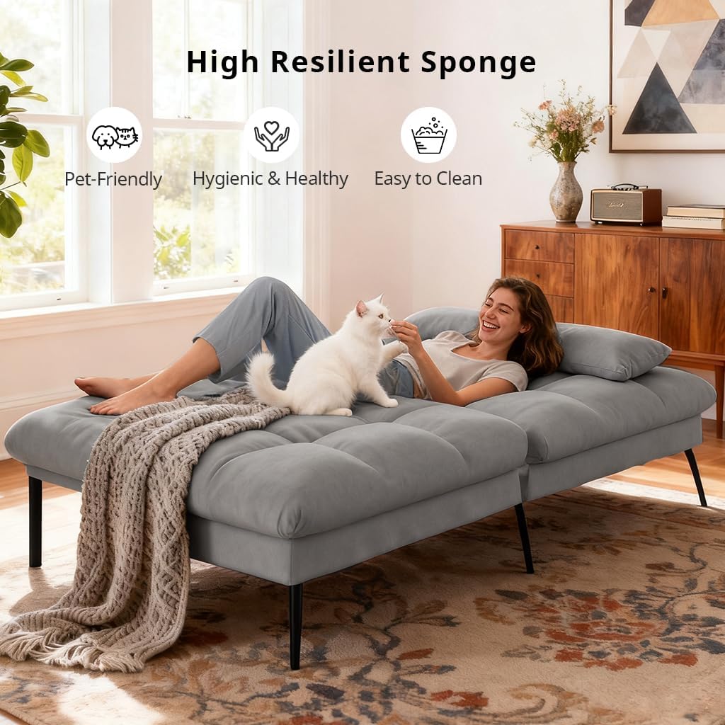 COMHOMA 72″ Futon Sofa Bed,Convertible Fabric Couch with Adjustable Backrest,Loveseat Recliner Sleeper Living Room Furniture futon Set (Grey)