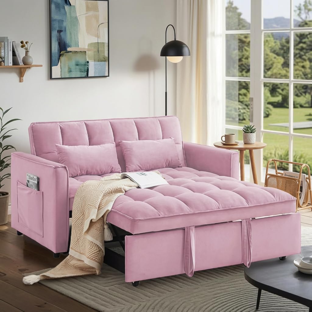 Pull Out Couch, Loveseat Sleeper Sofa Bed with Side Pockets, 3 in 1 Velvet Fabric Convertible Sofa Bed with Adjustable Backrest for Living Room, Bedroom, Apartment, Black