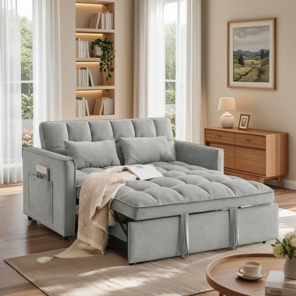 Pull Out Couch, Loveseat Sleeper Sofa Bed with Side Pockets, 3 in 1 Velvet Fabric Convertible Sofa Bed with Adjustable Backrest for Living Room, Bedroom, Apartment, Black