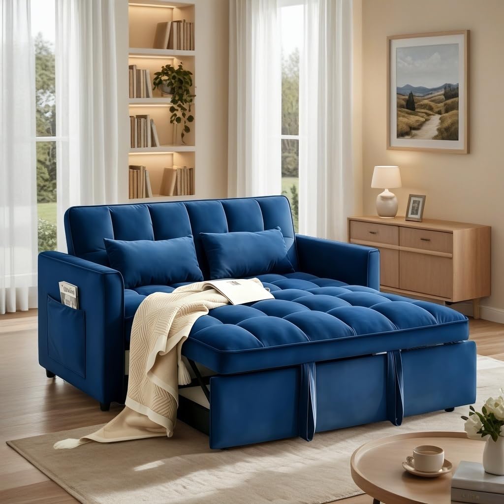 Pull Out Couch, Loveseat Sleeper Sofa Bed with Side Pockets, 3 in 1 Velvet Fabric Convertible Sofa Bed with Adjustable Backrest for Living Room, Bedroom, Apartment, Black