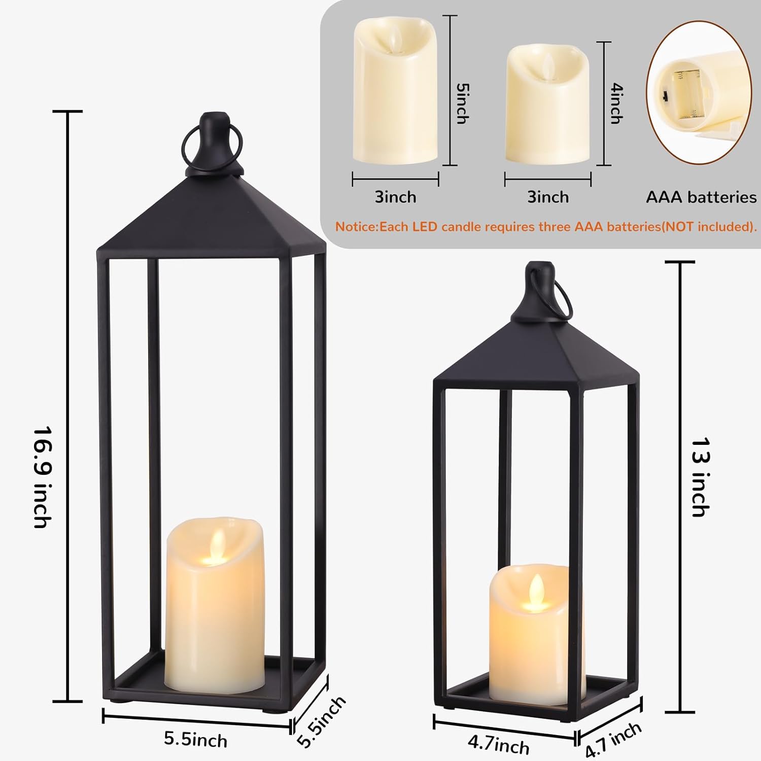 MATAHUM Modern Farmhouse Lanterns Decorative Indoor & Outdoor, 17" 13" Set of 2 Black Vintage Lantern with Flameless Candles, Metal Rustic Lantern Decor for Room, Porch, Mantle, Patio, Home Decor