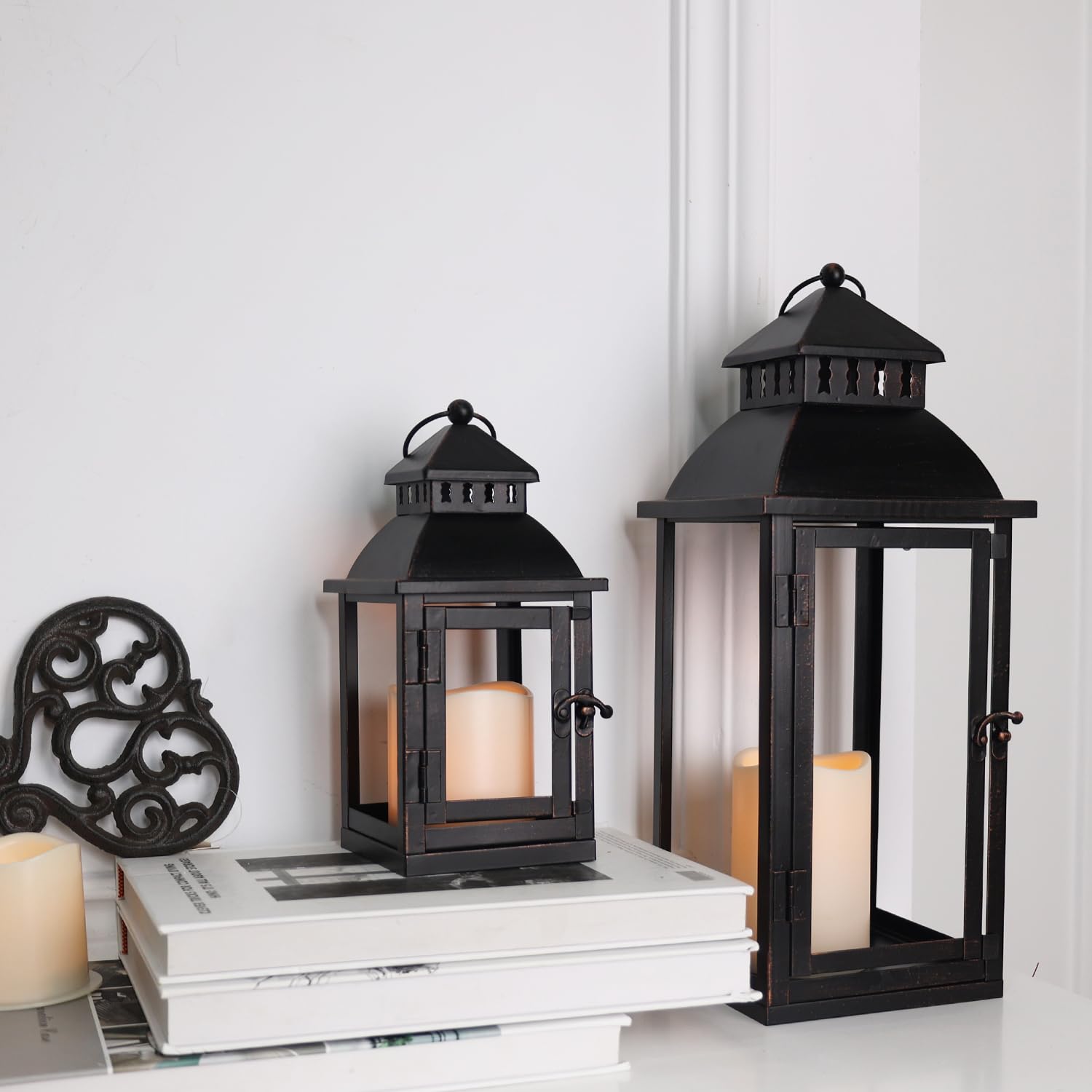 NEEDOMO Lanterns Decorative Outdoor&Indoor, Set of 2 Large Bronze Metal Lantern Decor with Glass, Candle Holder for Porch, Patio, Garden, Balcony, Wedding, Table Centerpiece Decorations