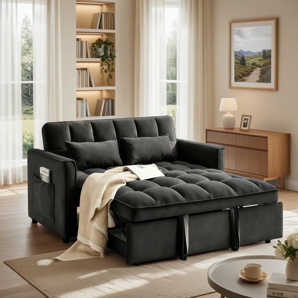 Pull Out Couch, Loveseat Sleeper Sofa Bed with Side Pockets, 3 in 1 Velvet Fabric Convertible Sofa Bed with Adjustable Backrest for Living Room, Bedroom, Apartment, Black