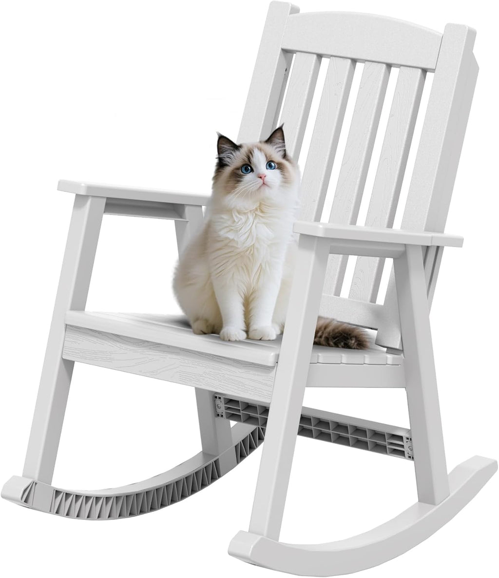 Greesum Outdoor Rocking Chair, 300lbs All-Weather Patio Rocker, Rust-Proof & UV-Resistant, Comfortable Smooth Glide for Deck, Porch, Lawn, or Garden, White