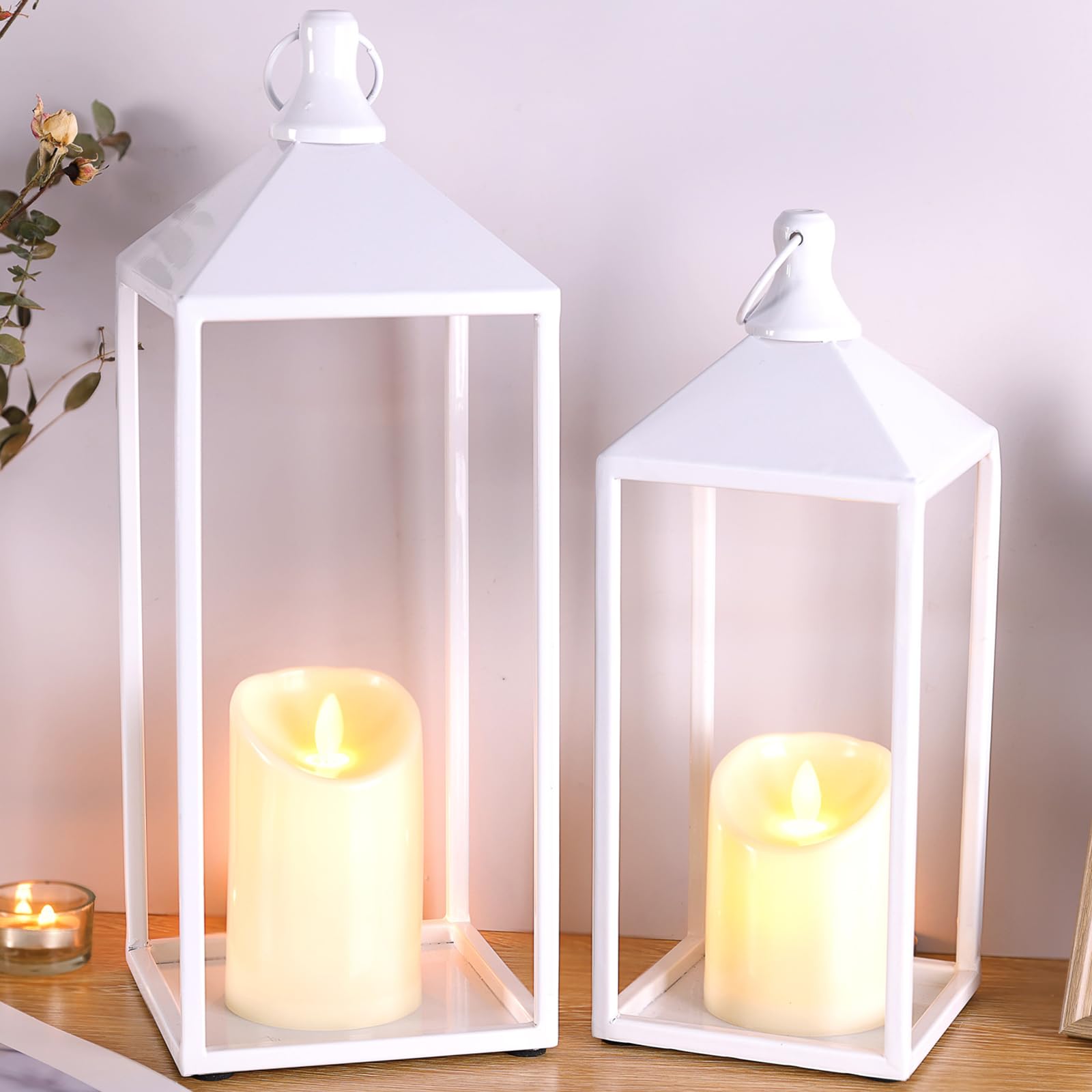 MATAHUM Modern Farmhouse Lanterns Decorative Indoor & Outdoor, 17" 13" Set of 2 Black Vintage Lantern with Flameless Candles, Metal Rustic Lantern Decor for Room, Porch, Mantle, Patio, Home Decor