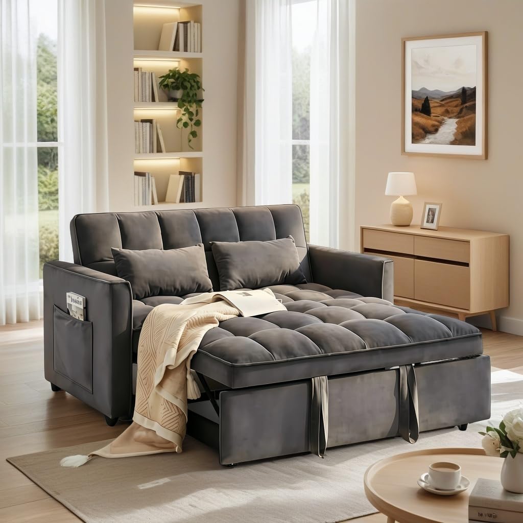 Pull Out Couch, Loveseat Sleeper Sofa Bed with Side Pockets, 3 in 1 Velvet Fabric Convertible Sofa Bed with Adjustable Backrest for Living Room, Bedroom, Apartment, Black