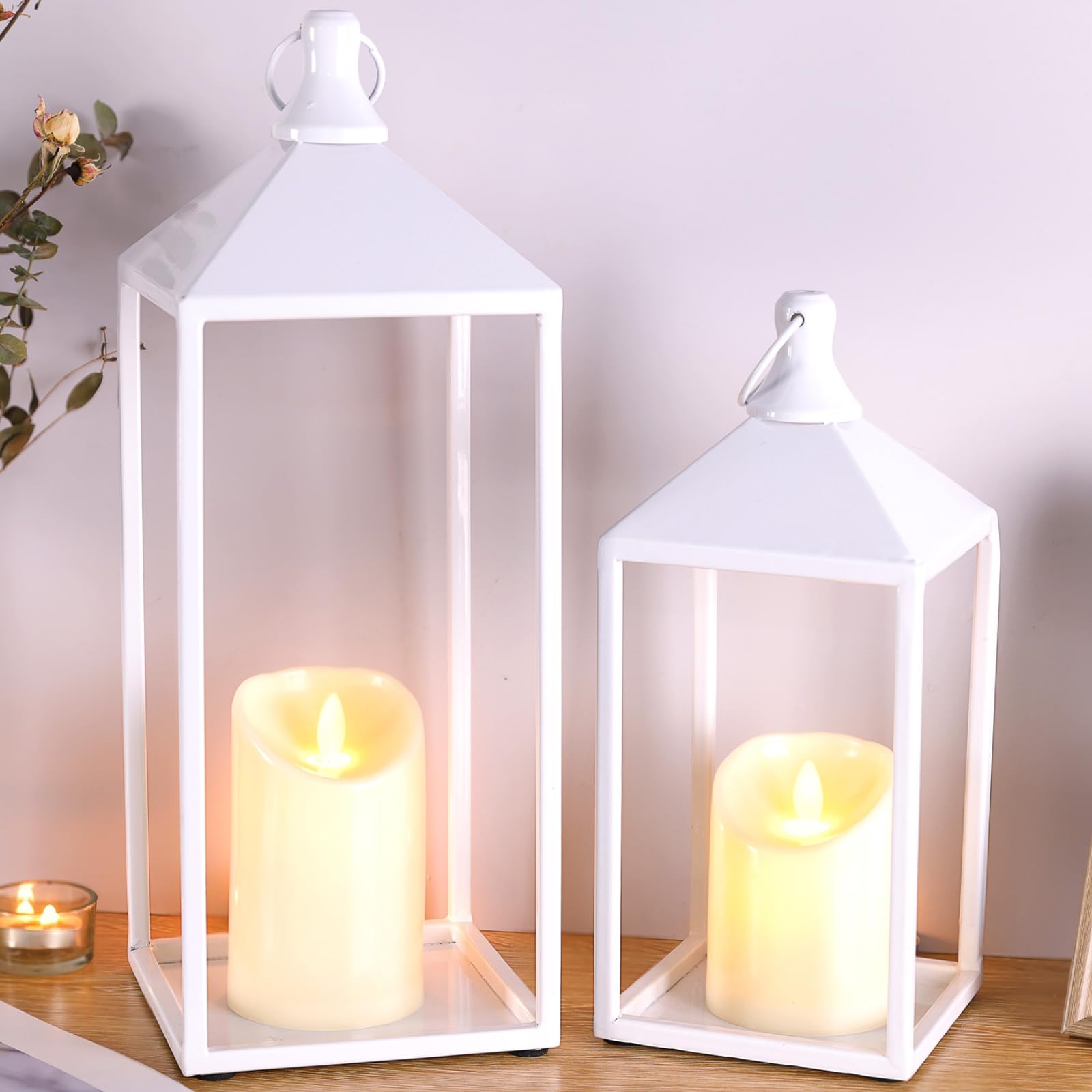 MATAHUM Modern Farmhouse Lanterns Decorative Indoor & Outdoor, 17" 13" Set of 2 Black Vintage Lantern with Flameless Candles, Metal Rustic Lantern Decor for Room, Porch, Mantle, Patio, Home Decor