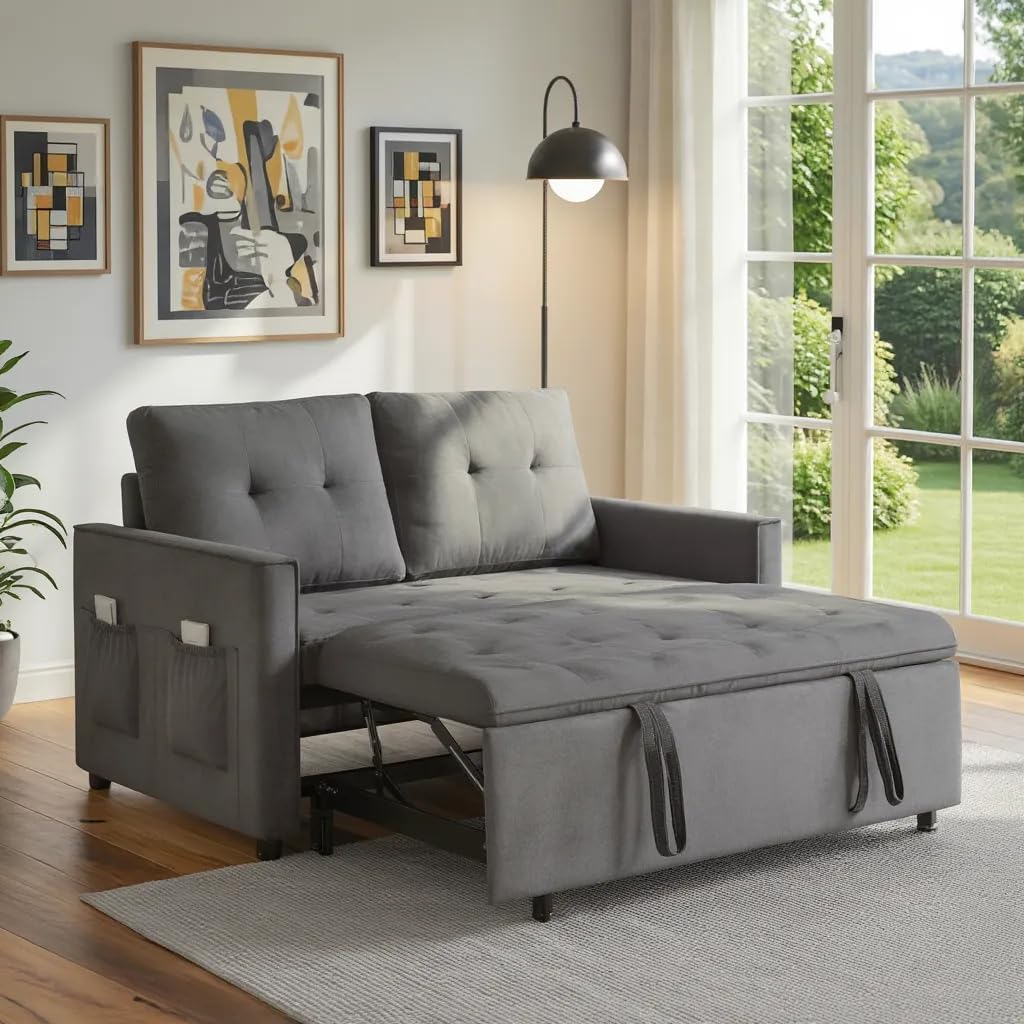 Pull Out Couch, Loveseat Sleeper Sofa Bed with Side Pockets, 3 in 1 Velvet Fabric Convertible Sofa Bed with Adjustable Backrest for Living Room, Bedroom, Apartment, Black