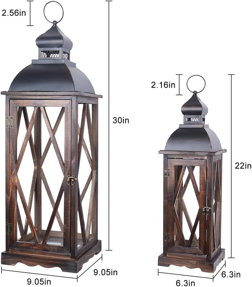 Large Farmhouse Wooden Metal Lantern Set of 2, 30''/22'' H Rustic Decorative Indoor & Outdoor Hanging Candle Lanterns, Wooden Outdoor Lanterns for Patio Front Porch Table, Brown