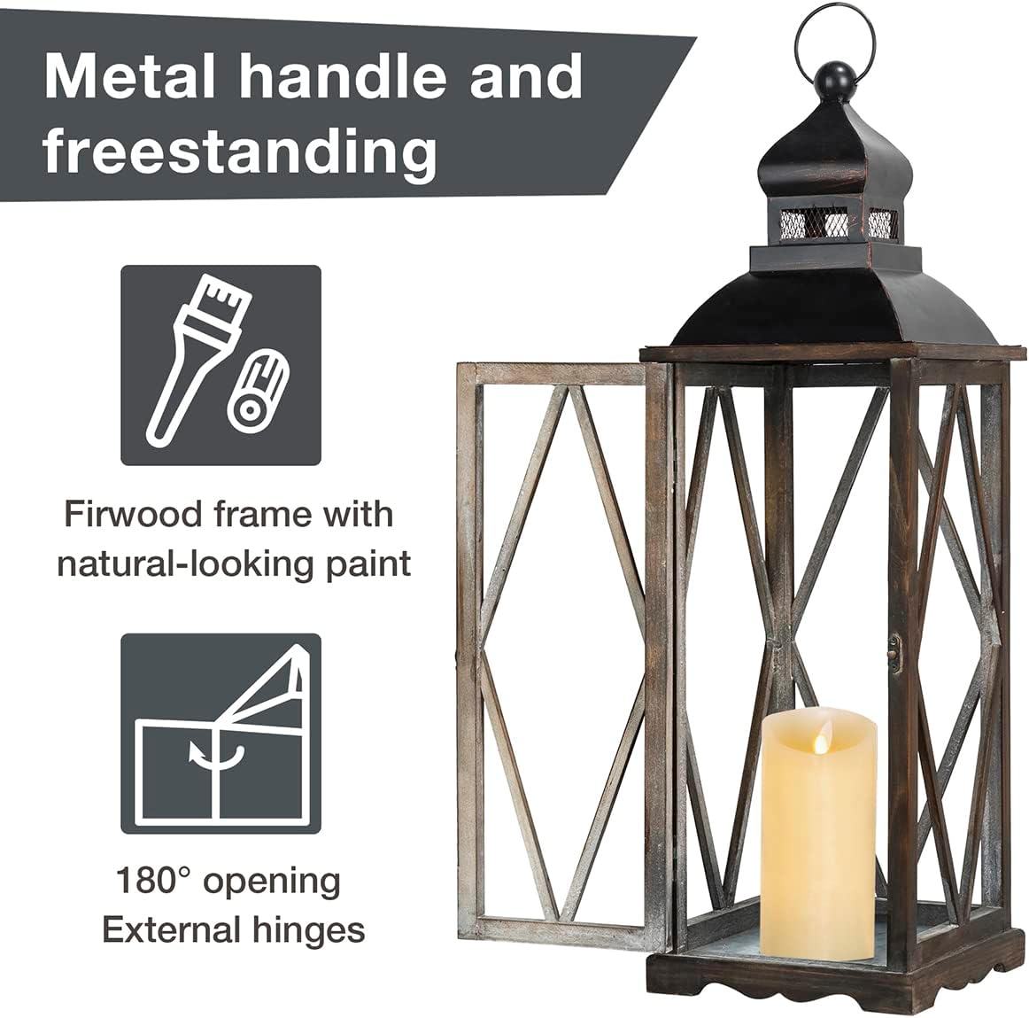 Glitzhome Farmhouse Lanterns Decorative Indoor, 2 Pack Wood/Metal Decorative Candle Lanterns, Vintage Lantern Decor Large Floor Lanterns for Home Decor, Brown (No Glass)