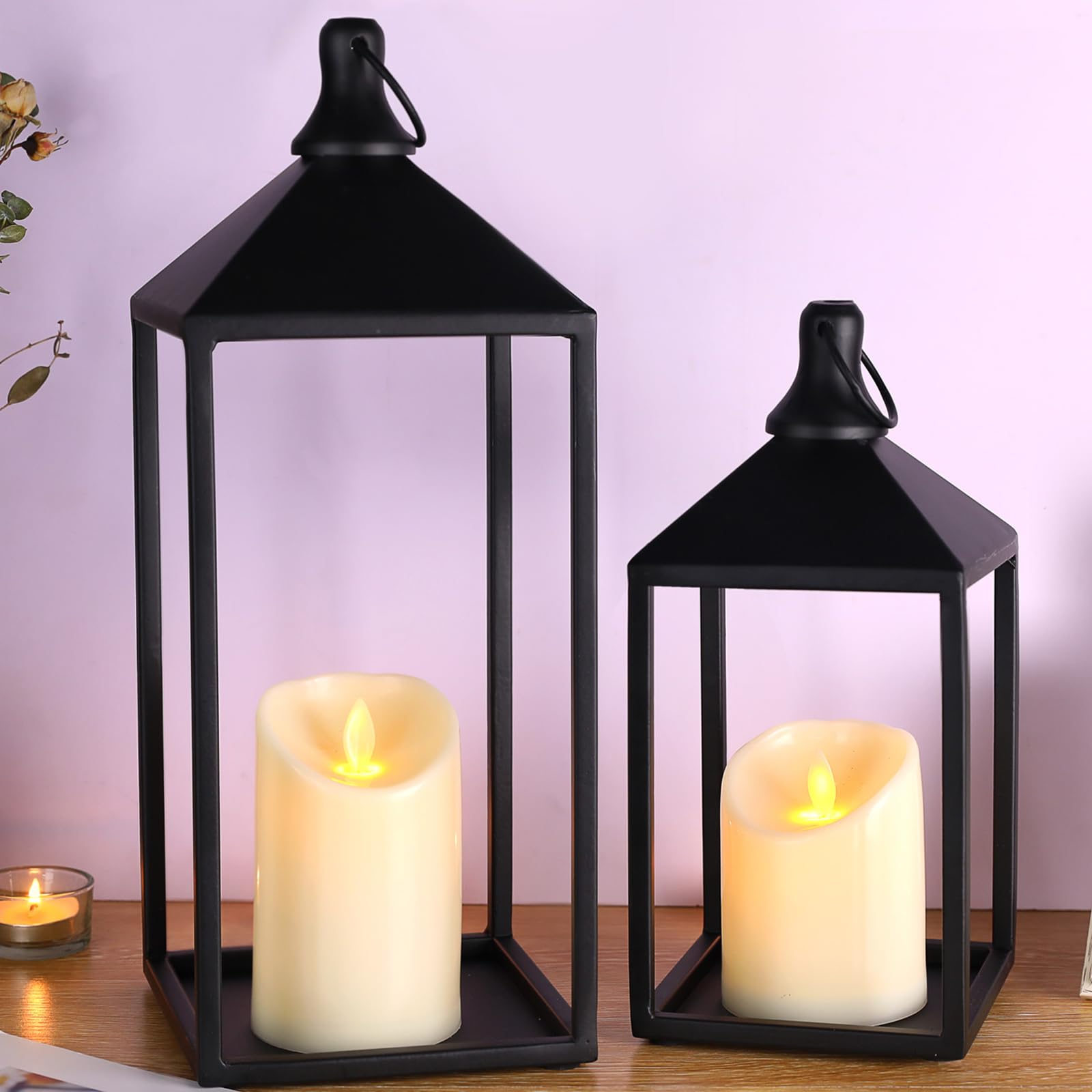 MATAHUM Modern Farmhouse Lanterns Decorative Indoor & Outdoor, 17" 13" Set of 2 Black Vintage Lantern with Flameless Candles, Metal Rustic Lantern Decor for Room, Porch, Mantle, Patio, Home Decor