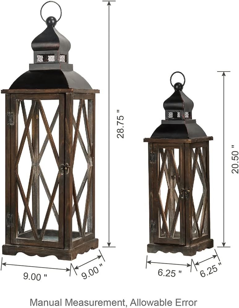 Glitzhome Farmhouse Lanterns Decorative Indoor, 2 Pack Wood/Metal Decorative Candle Lanterns, Vintage Lantern Decor Large Floor Lanterns for Home Decor, Brown (No Glass)