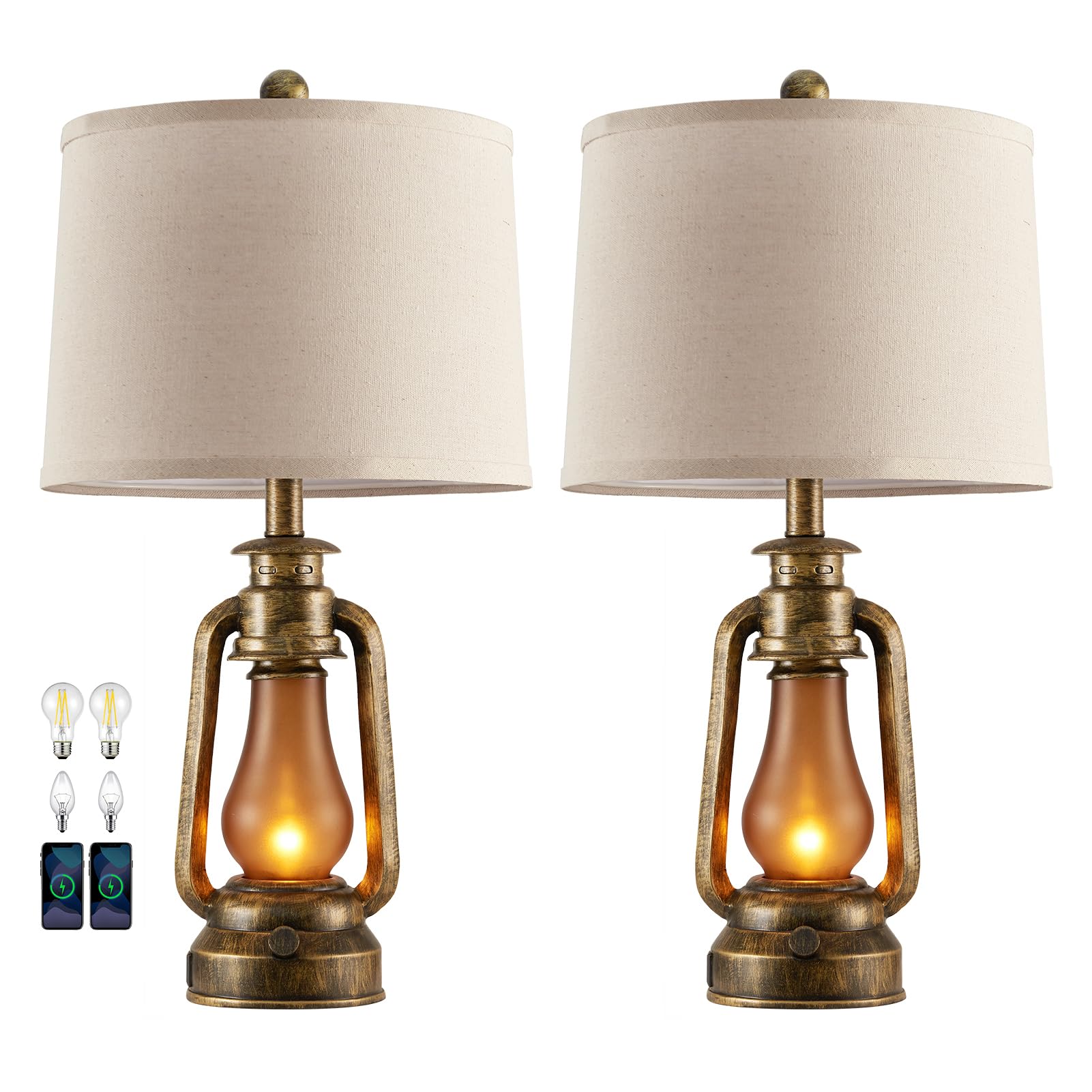 Farmhouse Lantern Table Lamps for Living Room Set of 2, Vintage Bedroom Resin Lamp with Dual USB Charging Ports, Rustic Retro Bedside Nightstand Desk Lamp, 4 Bulb Included