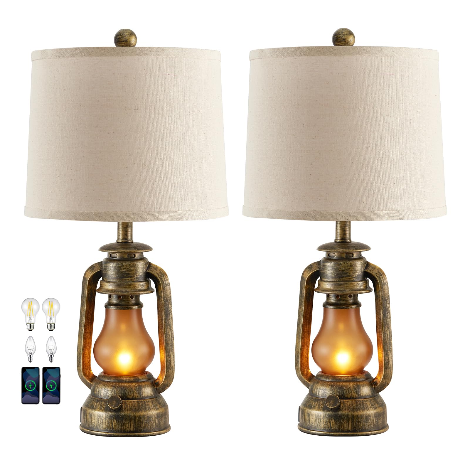 Farmhouse Lantern Table Lamps for Living Room Set of 2, Vintage Bedroom Resin Lamp with Dual USB Charging Ports, Rustic Retro Bedside Nightstand Desk Lamp, 4 Bulb Included