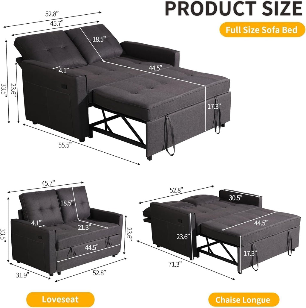 Actinidia 3 in 1 Convertible Sofa Bed, 53" Modern Loveseat Sleeper Sofa with USB Port & Storage Pockets, Pull Out Couch with Reclining Backrest, Futon Bed for Small Spaces, Living Room (Dark Gray)