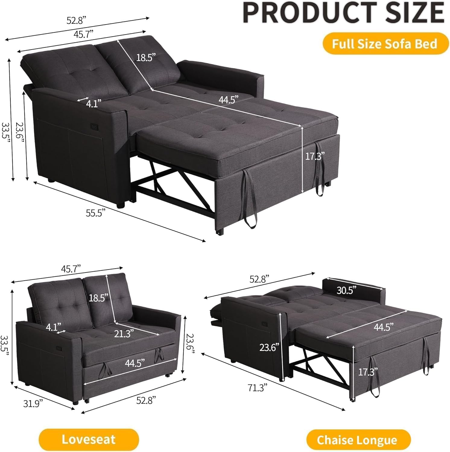 Actinidia 3 in 1 Convertible Sofa Bed, 53" Modern Loveseat Sleeper Sofa with USB Port & Storage Pockets, Pull Out Couch with Reclining Backrest, Futon Bed for Small Spaces, Living Room (Dark Gray)