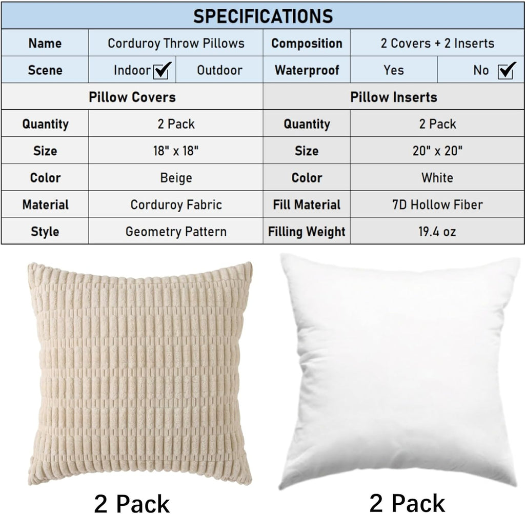 Beige 2 Pack 18×18 Inch Striped Corduroy Boho Throw Pillows with Inserts for Sofa Couch Bed Decor