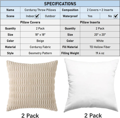 Beige 2 Pack 18×18 Inch Striped Corduroy Boho Throw Pillows with Inserts for Sofa Couch Bed Decor