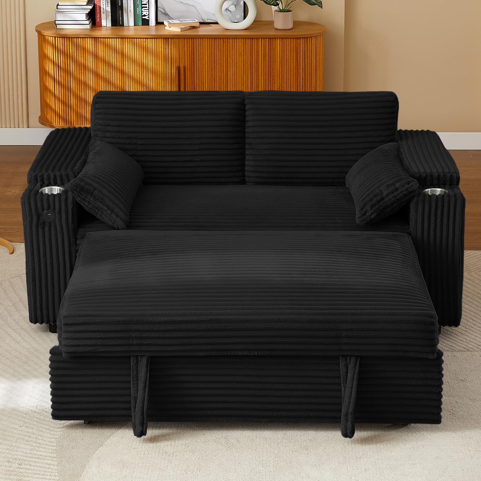 hansones 65'' 3-in-1 Folding Convertible Sofa Bed, Pullout Sofa, Modern Chenille Fabric, 360° Swivel Side Table, Easy Assembly, Perfect for Living Room, Black