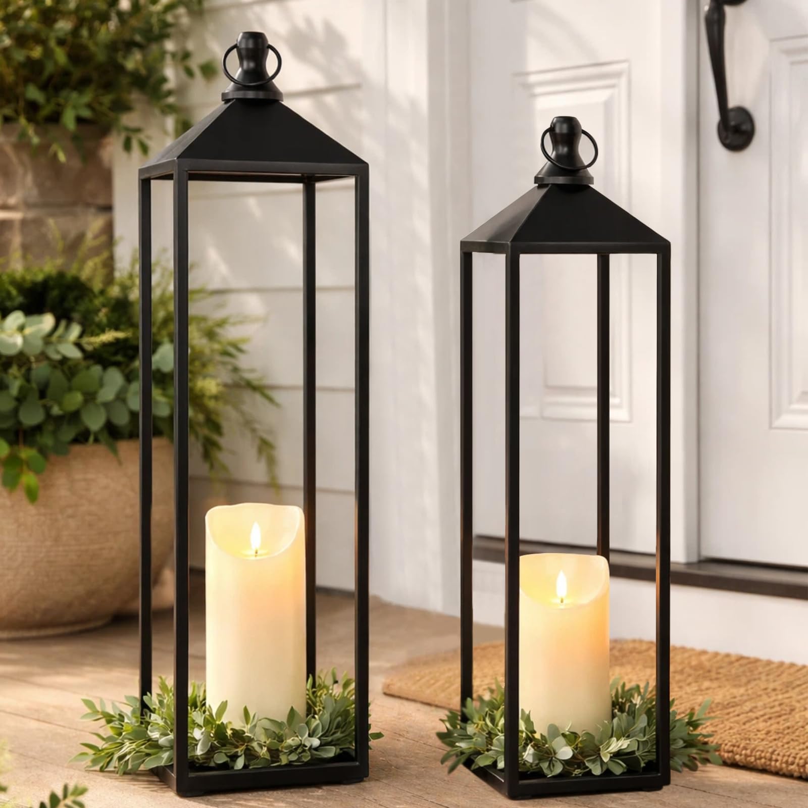 MATAHUM Modern Farmhouse Lanterns Decorative Indoor & Outdoor, 17" 13" Set of 2 Black Vintage Lantern with Flameless Candles, Metal Rustic Lantern Decor for Room, Porch, Mantle, Patio, Home Decor