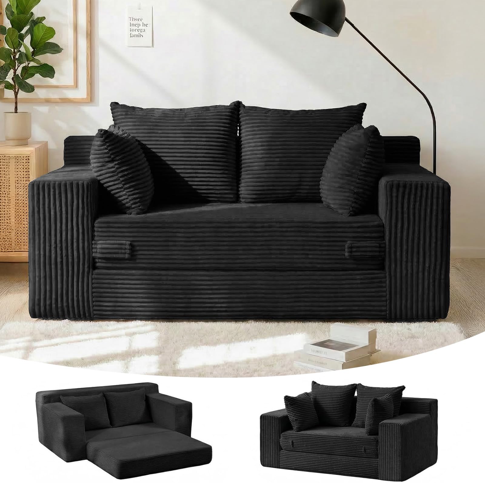 Oversized Boneless Loveseat, 3 Seater Pull Out Convertible Sofa Bed, 70" Gray Boneless Couch Fold Out Floor Couch Sleeper Sofa with 5 Pillows for Living Room Bedroom Lounge Small Space