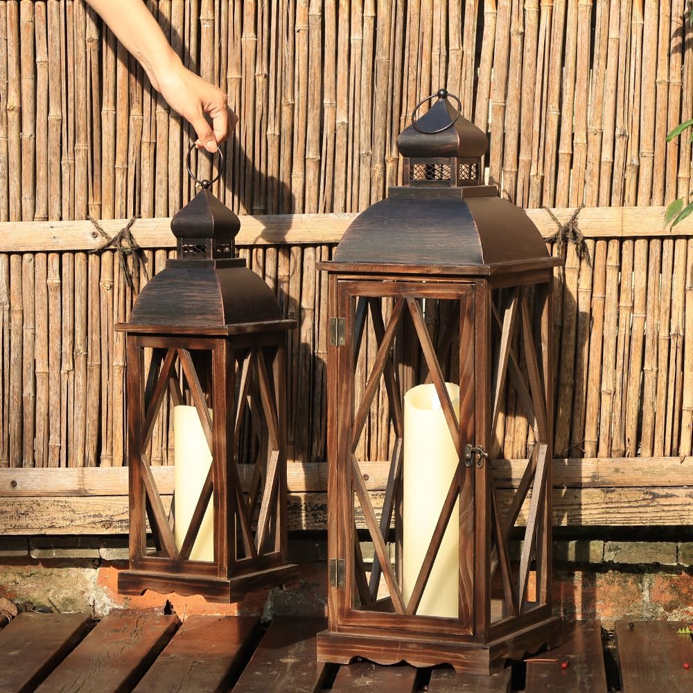 Large Farmhouse Wooden Metal Lantern Set of 2, 30''/22'' H Rustic Decorative Indoor & Outdoor Hanging Candle Lanterns, Wooden Outdoor Lanterns for Patio Front Porch Table, Brown
