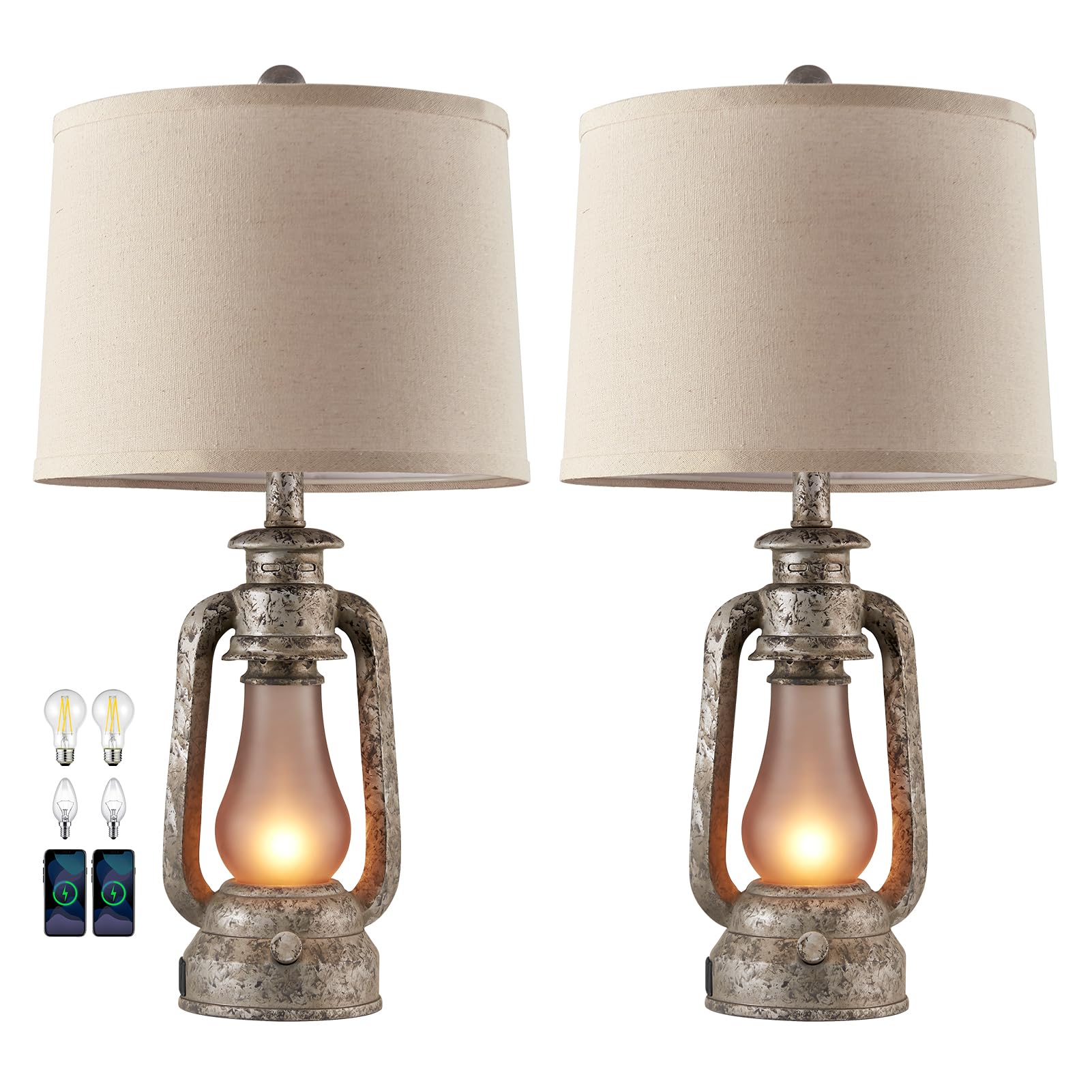 Farmhouse Lantern Table Lamps for Living Room Set of 2, Vintage Bedroom Resin Lamp with Dual USB Charging Ports, Rustic Retro Bedside Nightstand Desk Lamp, 4 Bulb Included