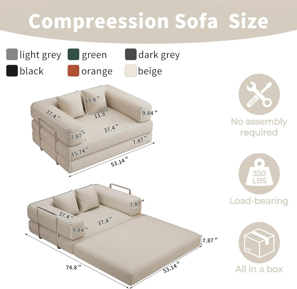BSHOMGI 4 in 1 Futon Sofa Bed Queen Size - Foldable Convertible Sleeper Sofa Couch, Removable Washable Corduroy Cover, Space Saving Floor for Living Room (Beige, 53.15" Double Sofa)