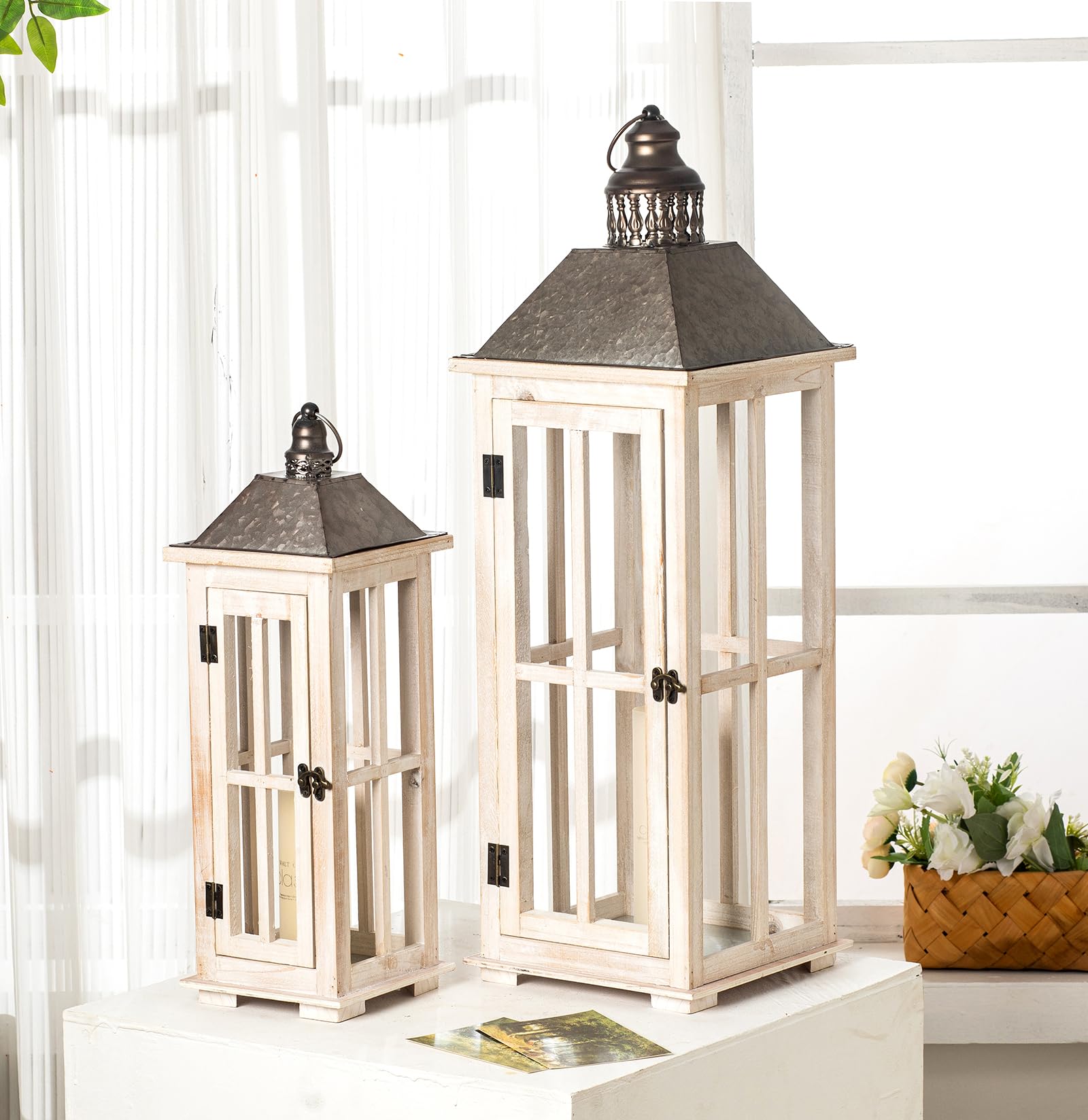 TIMRIS Large Farmhouse Wooden Metal Lantern Set of 2, Rustic Decorative Floor Candle Lanterns, Vintage Distressed Hanging Lanterns for Home Décor (No Glass)