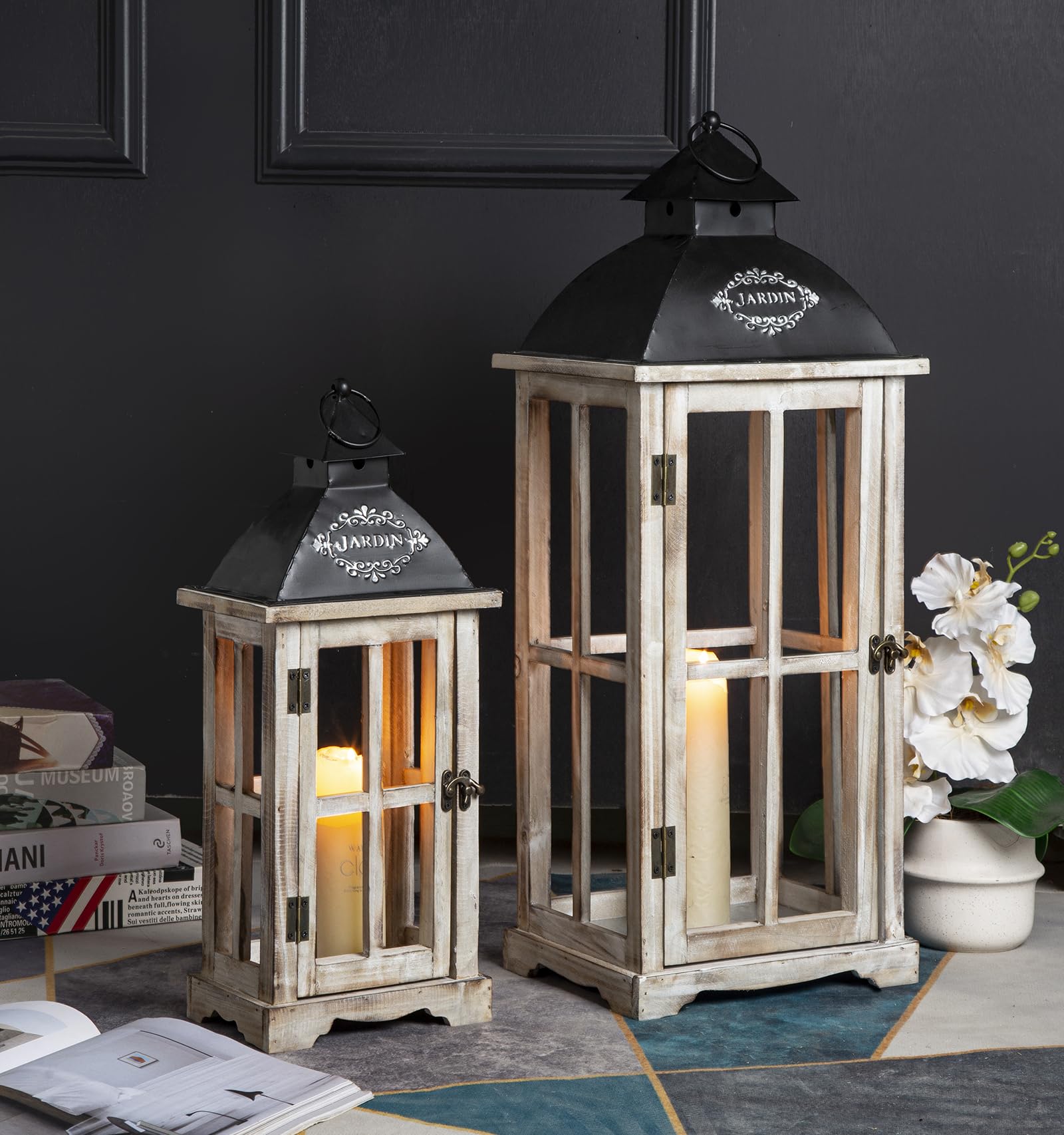 Large Farmhouse Decorative Wooden Lantern Set of 2, Rustic Brown Floor Lanterns, Indoor/Outdoor Hurricane Lanterns for Home Decor (No Glass)