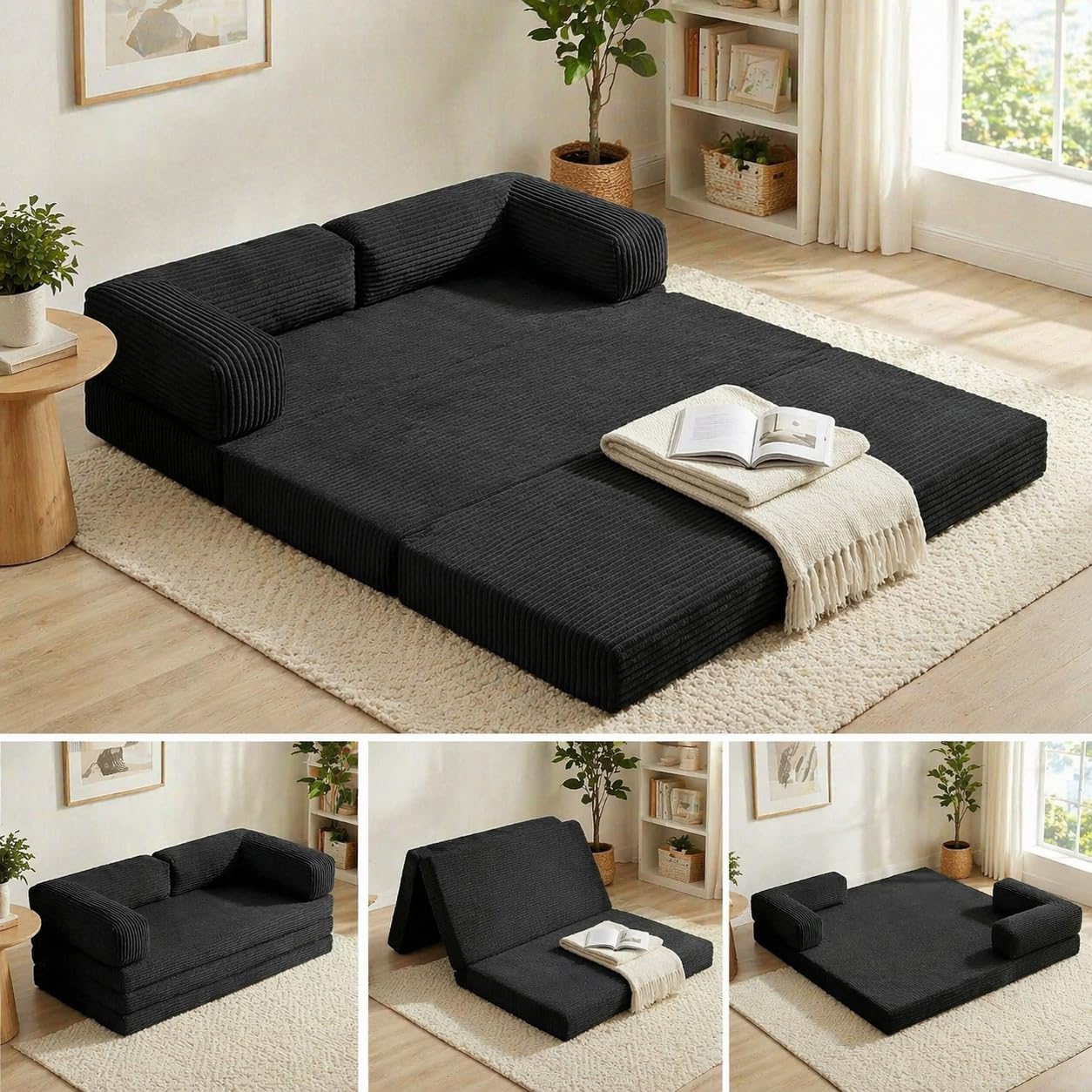Convertible Sofa Bed Queen,5-in-1 Tri-Fold Boneless Couch with Removable Armrests & Handle,Corduroy Futon Sleeper Sofa,Floor Folding Mattress Pull Out Bed for Small Space Apartment Living Room Bedroom