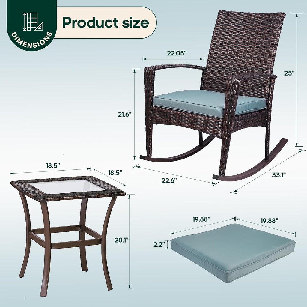 Niubya 3 Piece Wicker Rocking Chair Patio Furniture Sets, Outdoor Wicker Bistro Rattan Chair Conversation Sets with Cushions and Coffee Table, Grey and Brown