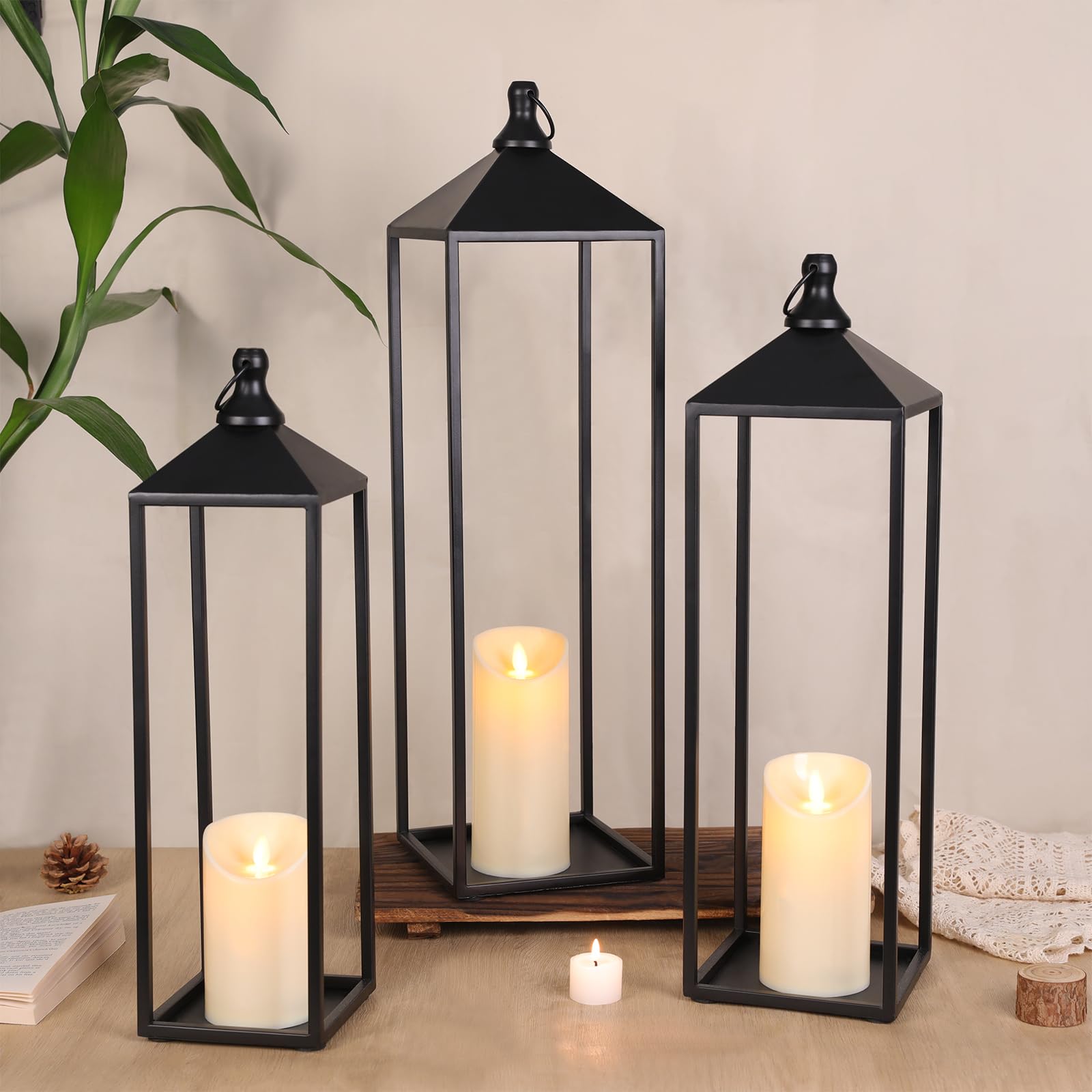 MATAHUM Modern Farmhouse Lanterns Decorative Indoor & Outdoor, 17" 13" Set of 2 Black Vintage Lantern with Flameless Candles, Metal Rustic Lantern Decor for Room, Porch, Mantle, Patio, Home Decor