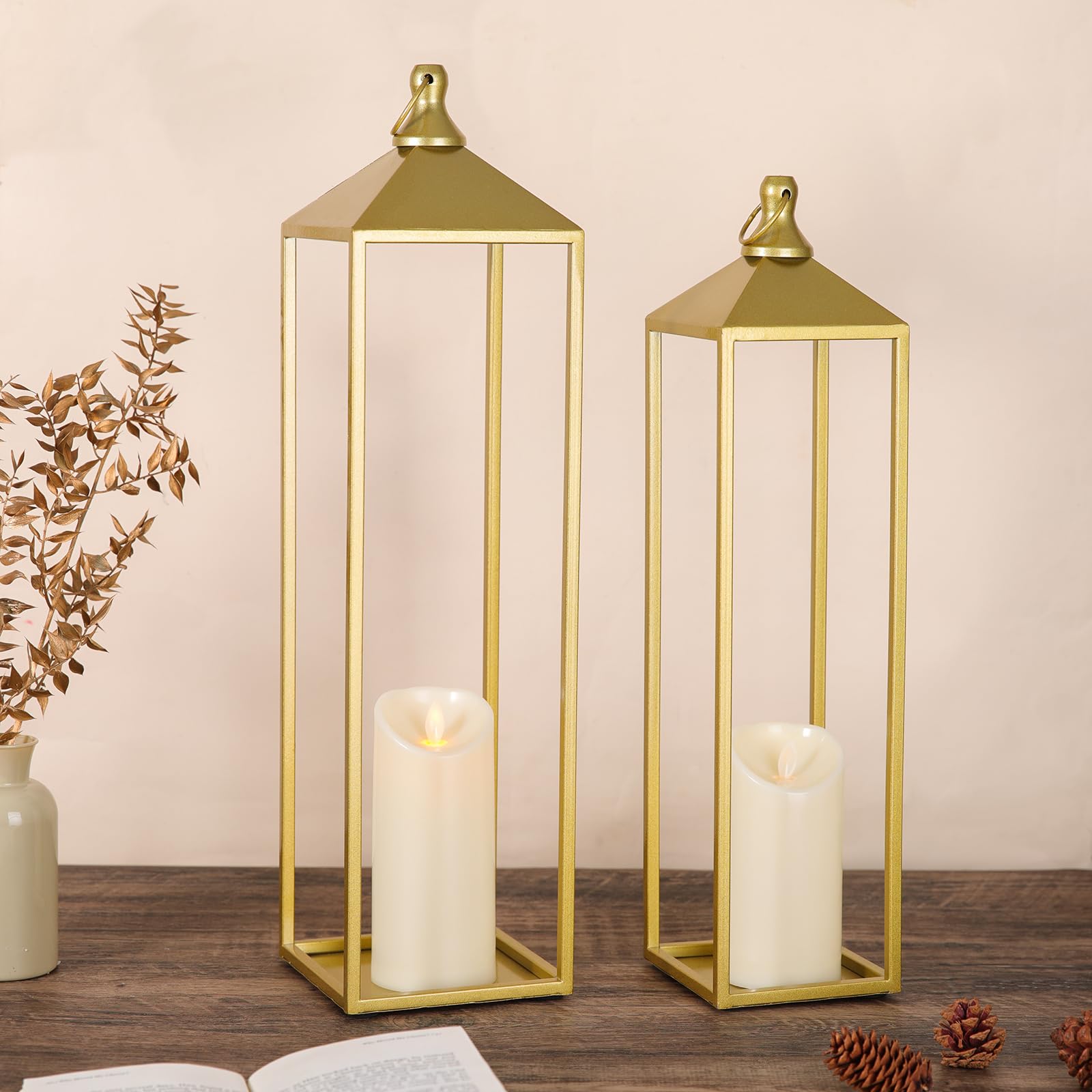 MATAHUM Modern Farmhouse Lanterns Decorative Indoor & Outdoor, 17" 13" Set of 2 Black Vintage Lantern with Flameless Candles, Metal Rustic Lantern Decor for Room, Porch, Mantle, Patio, Home Decor