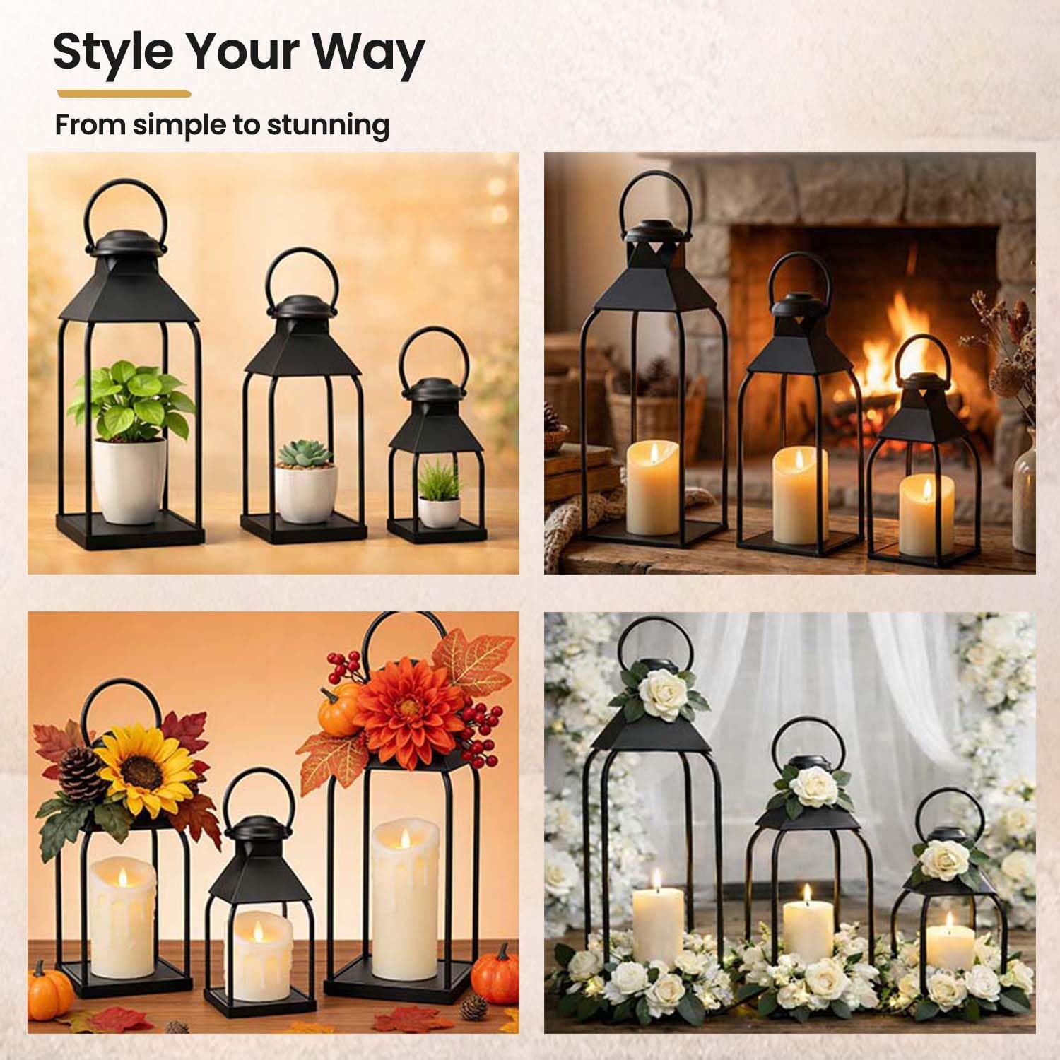 Black Set of 3 Decorative Metal Farmhouse Lanterns 12"/15.7"/20" Indoor Outdoor Porch Wedding Centerpiece Without Candles