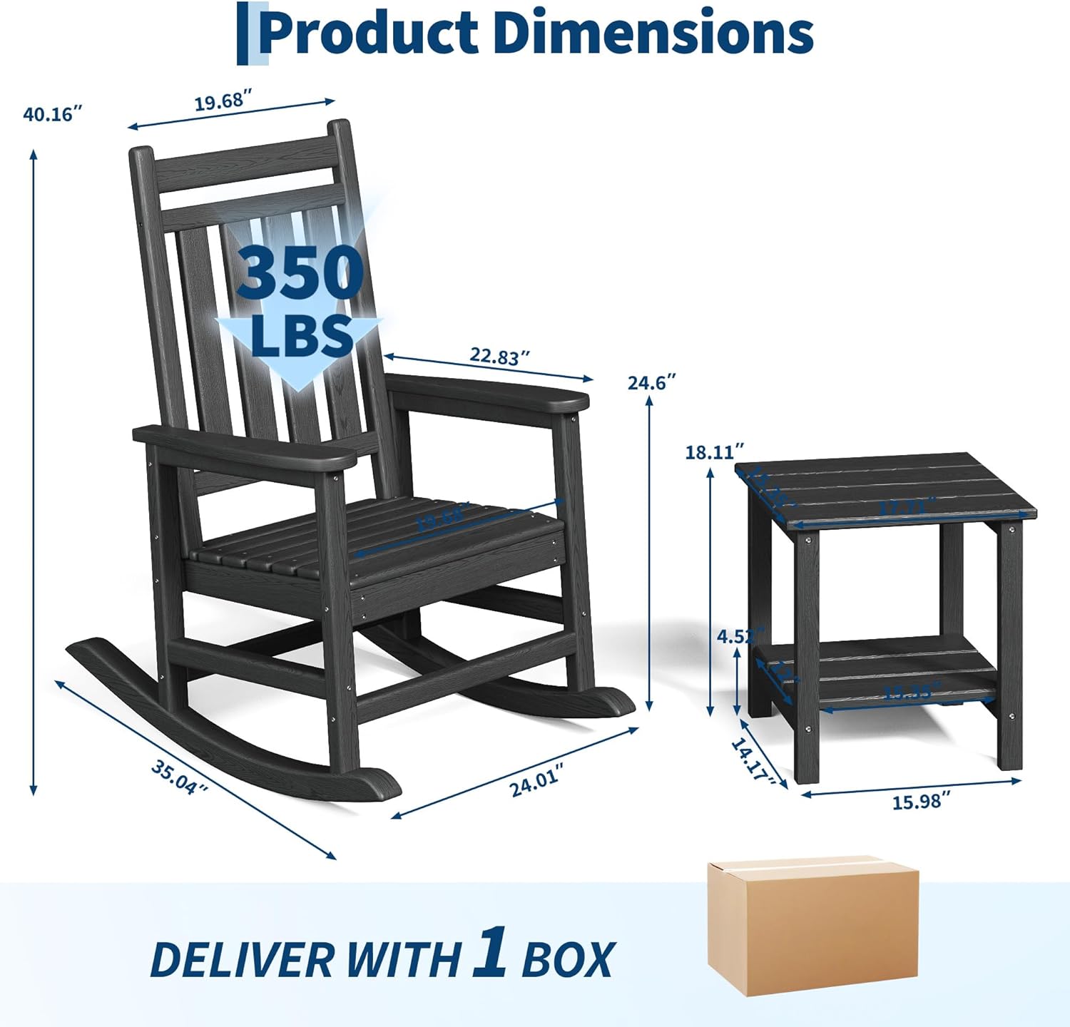 Black Garvee 2-Pack HDPE High Back Outdoor Rocking Chairs with Side Table All Weather Patio Porch Furniture