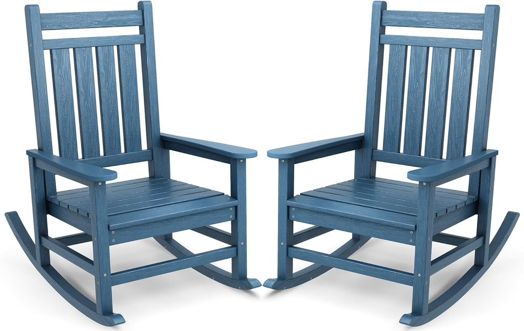 SERWALL Oversized Outdoor Rocking Chair Set of 2, HDPE Rocker for Adults, Patio Rocking Chairs for Porch, Blue