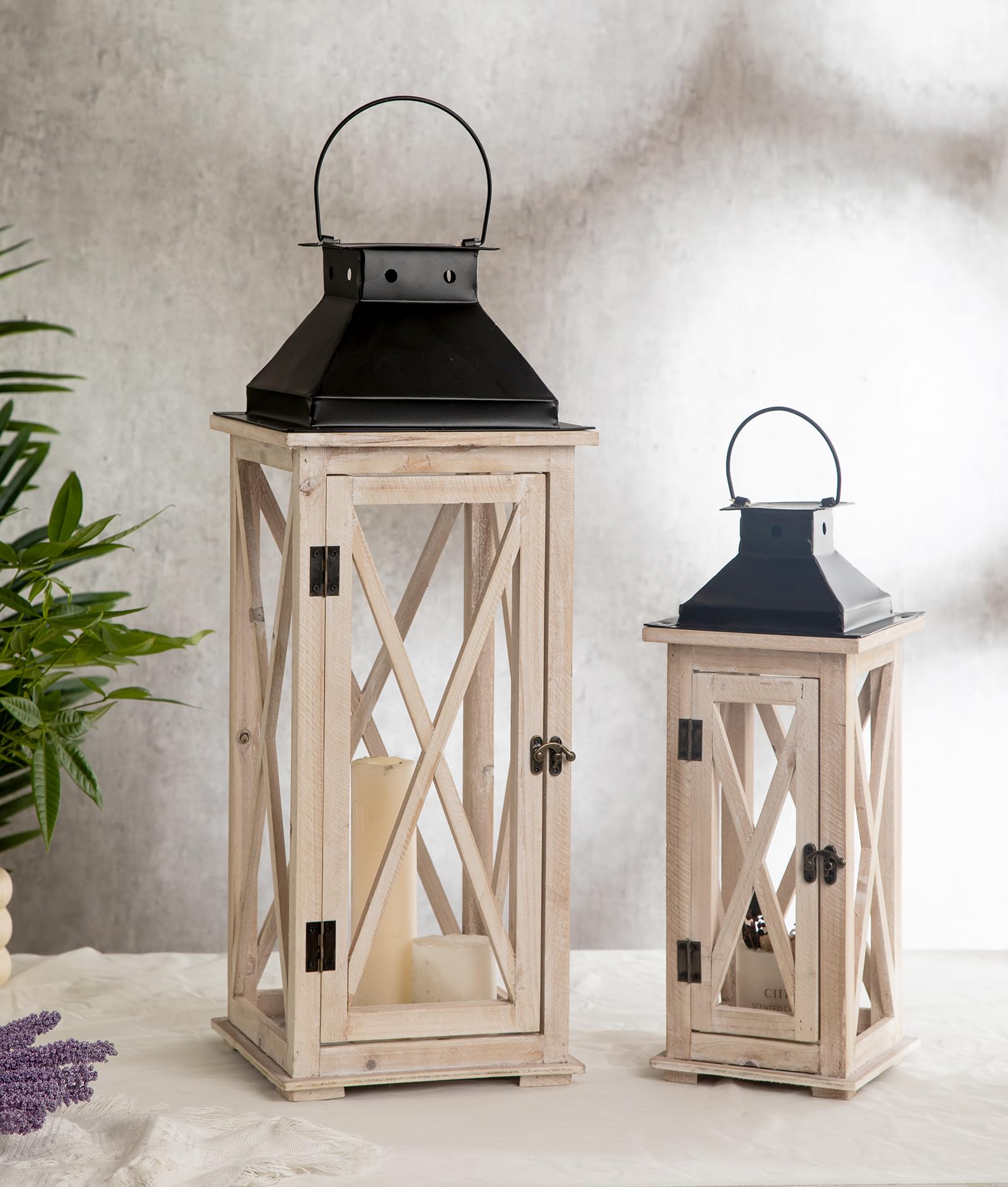 TIMRIS Large Farmhouse Wooden Metal Lantern Set of 2, Rustic Decorative Floor Candle Lanterns, Vintage Distressed Hanging Lanterns for Home Décor (No Glass)