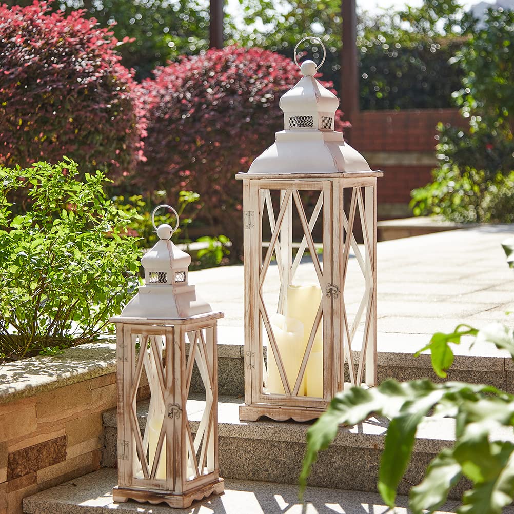 Glitzhome Farmhouse Lanterns Decorative Indoor, 2 Pack Wood/Metal Decorative Candle Lanterns, Vintage Lantern Decor Large Floor Lanterns for Home Decor, Brown (No Glass)