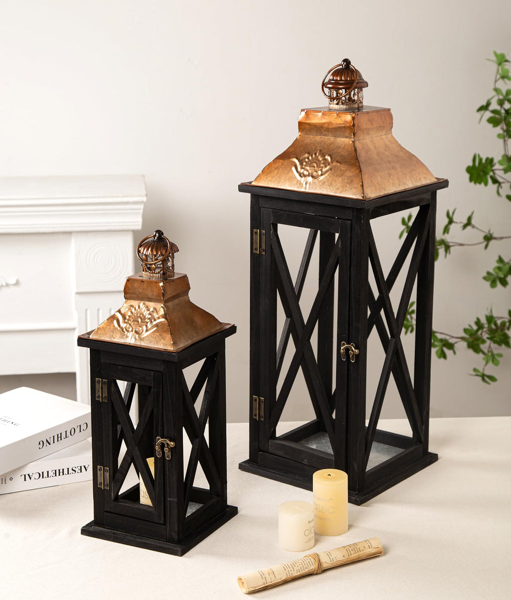 Large Farmhouse Decorative Wooden Lanterns Set of 2, Rustic Burnt Wood Floor Lanterns, Indoor/Outdoor Hurricane Lanterns for Home Decor (No Glass)