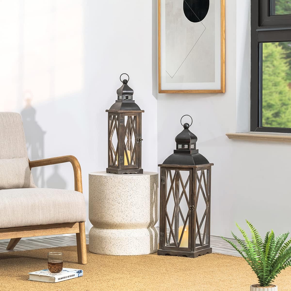 Glitzhome Farmhouse Lanterns Decorative Indoor, 2 Pack Wood/Metal Decorative Candle Lanterns, Vintage Lantern Decor Large Floor Lanterns for Home Decor, Brown (No Glass)