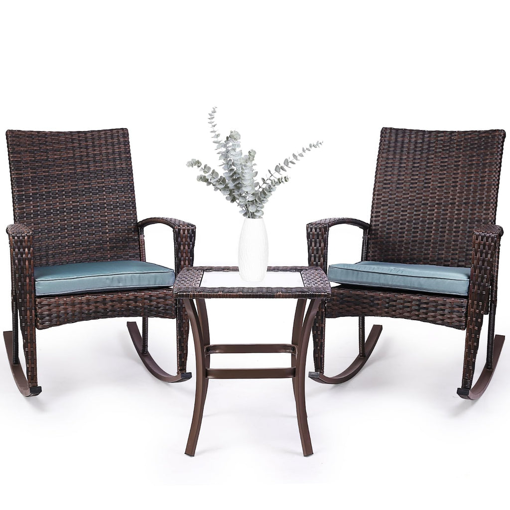Niubya 3 Piece Wicker Rocking Chair Patio Furniture Sets, Outdoor Wicker Bistro Rattan Chair Conversation Sets with Cushions and Coffee Table, Grey and Brown