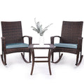 Niubya 3 Piece Wicker Rocking Chair Patio Furniture Sets, Outdoor Wicker Bistro Rattan Chair Conversation Sets with Cushions and Coffee Table, Grey and Brown